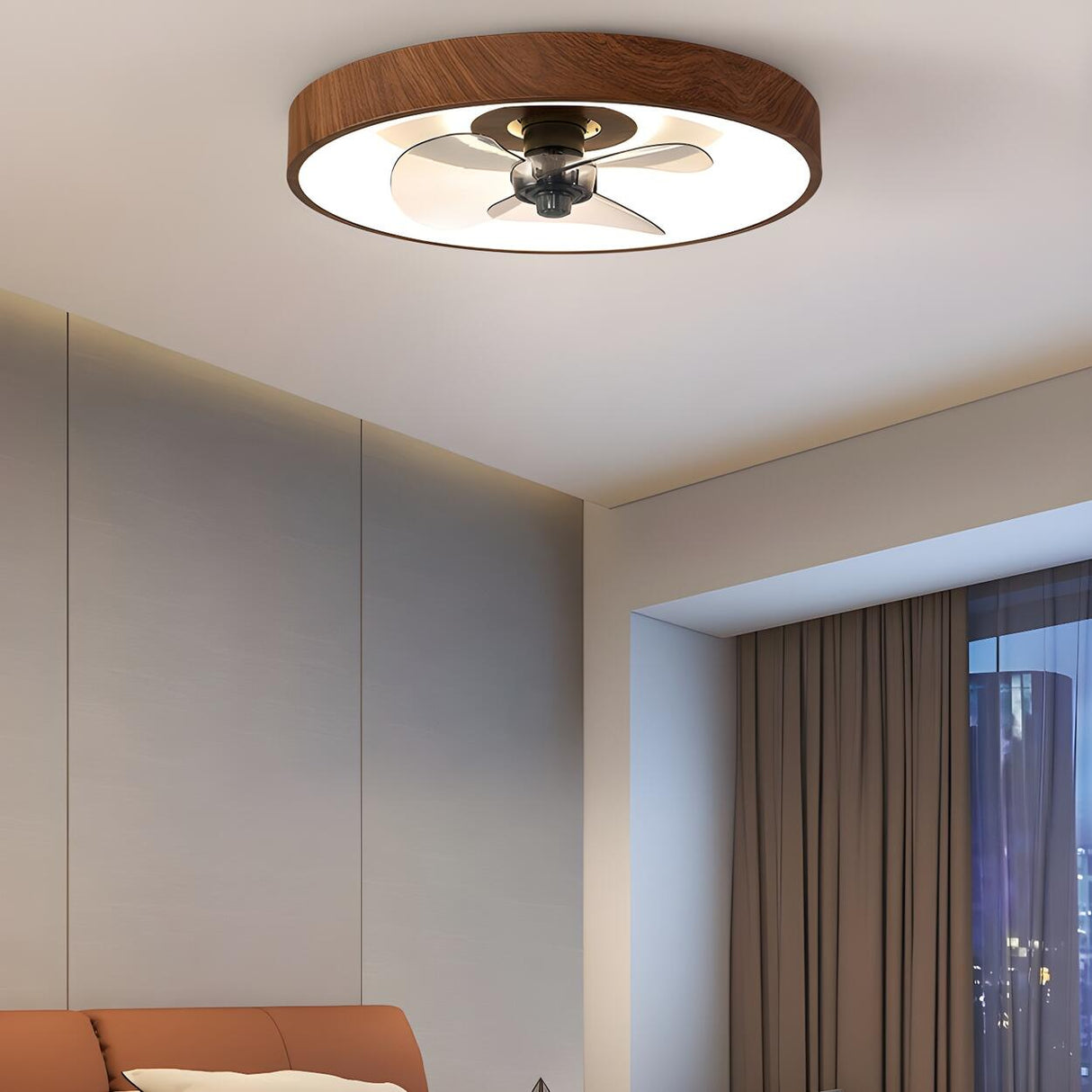 Modern Wood Finish Flush Round Ceiling Fan with Light Image - 14