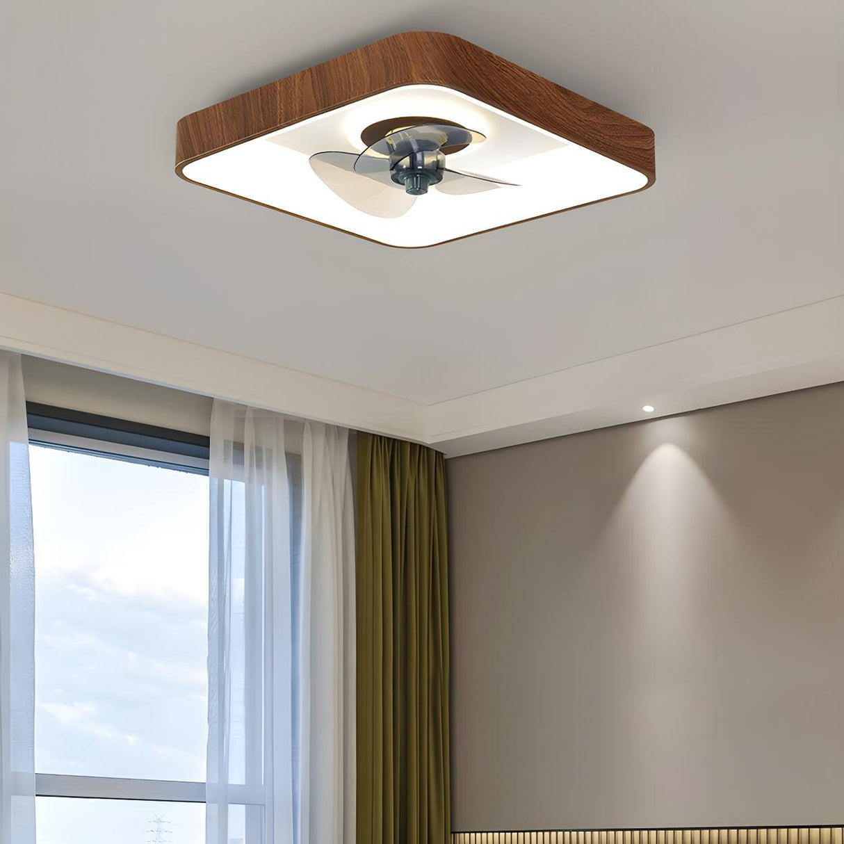 Modern Wood Finish Flush Round Ceiling Fan with Light Image - 15