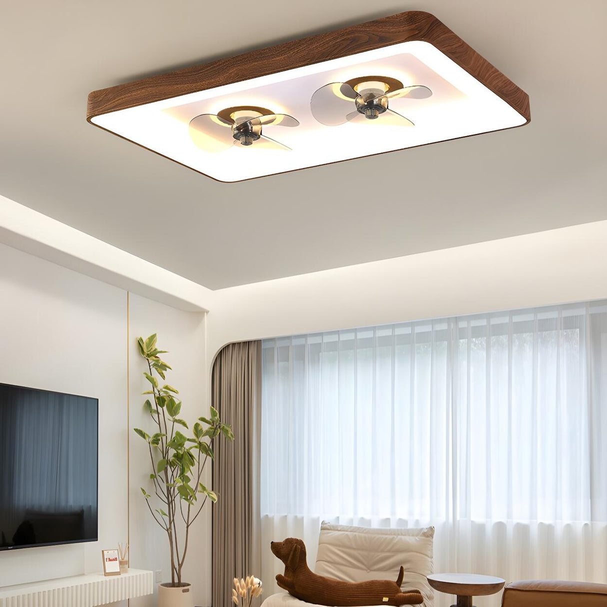 Modern Wood Finish Flush Round Ceiling Fan with Light Image - 16