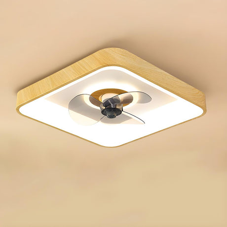 Modern Wood Finish Flush Round Ceiling Fan with Light Image - 2