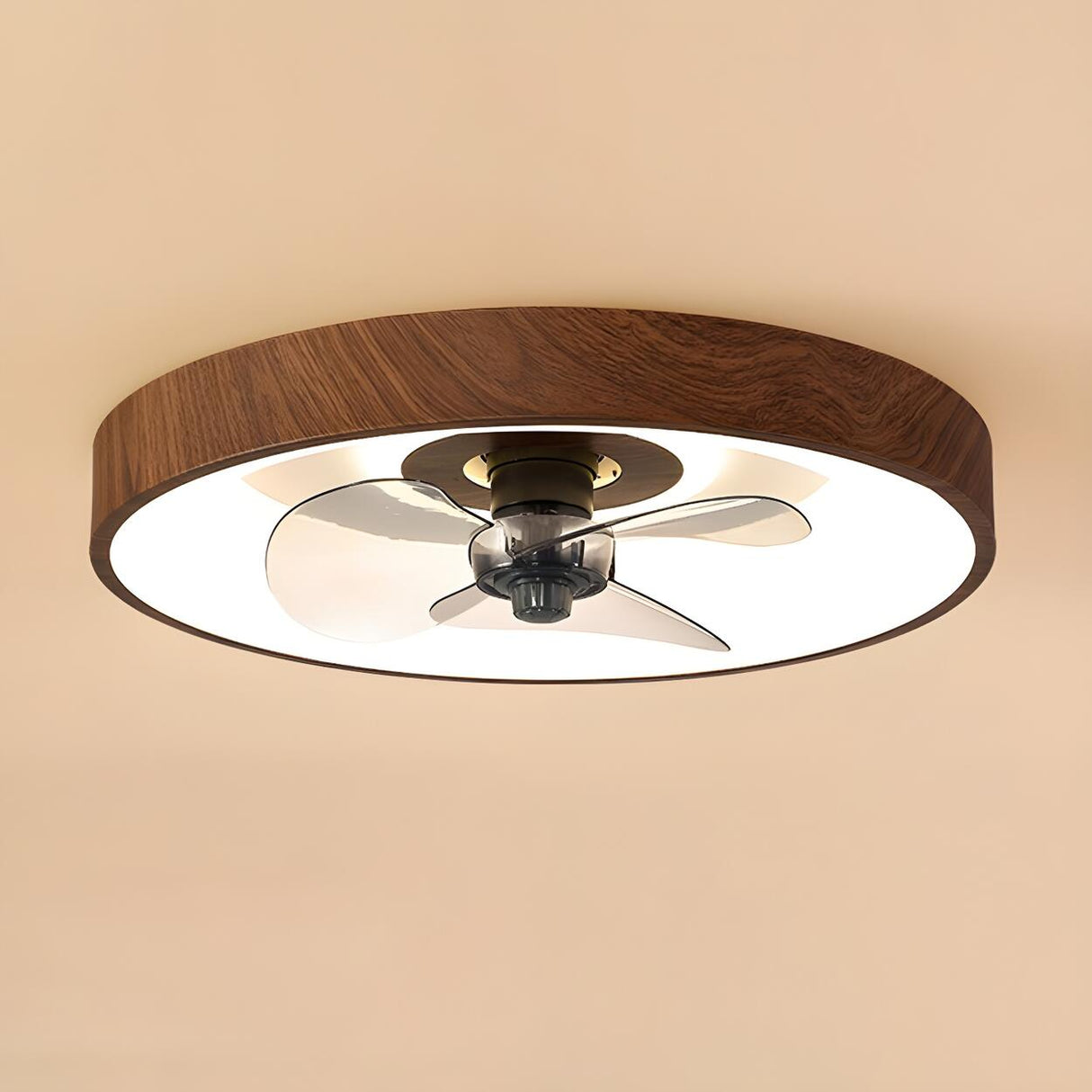 Modern Wood Finish Flush Round Ceiling Fan with Light Image - 8