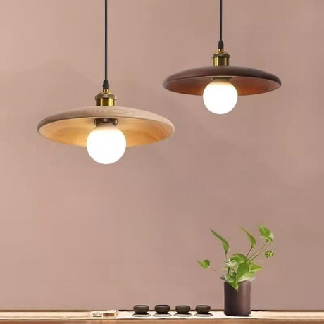 Modern Wood Flat Disc Warehouse Pendant Lights Image - 1