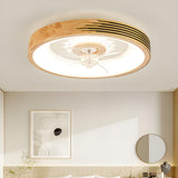 Modern Wood Flush Mount Round Ceiling Fan with Light Image - 1