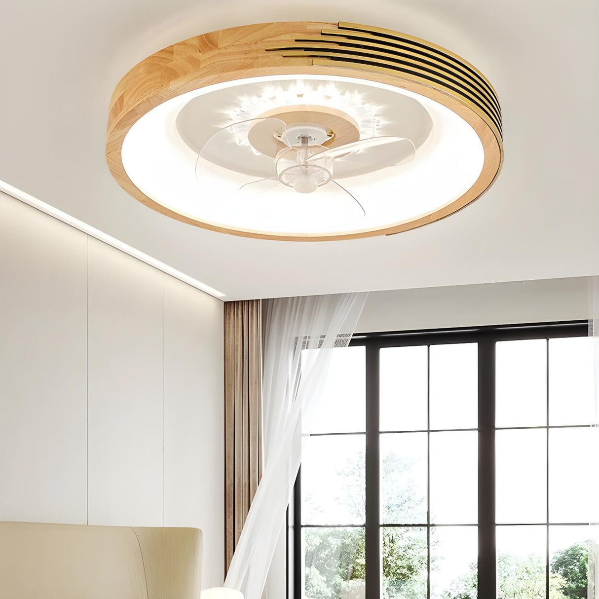 Modern Wood Flush Mount Round Ceiling Fan with Light Image - 12