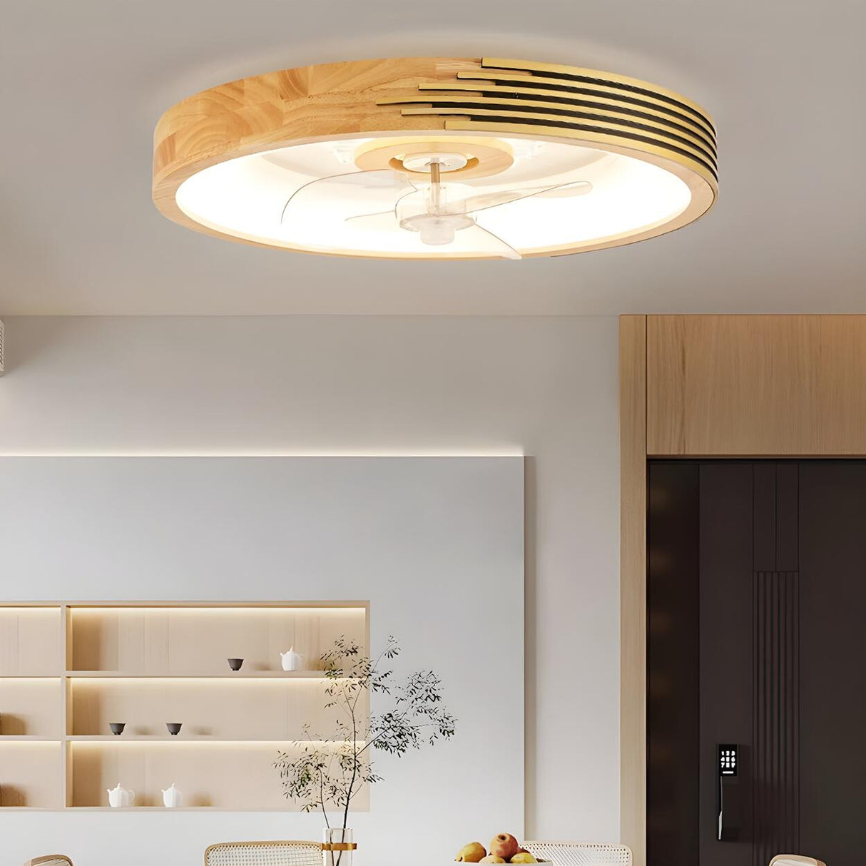 Modern Wood Flush Mount Round Ceiling Fan with Light Image - 13