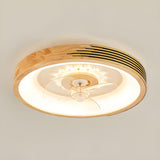 Modern Wood Flush Mount Round Ceiling Fan with Light Image - 7