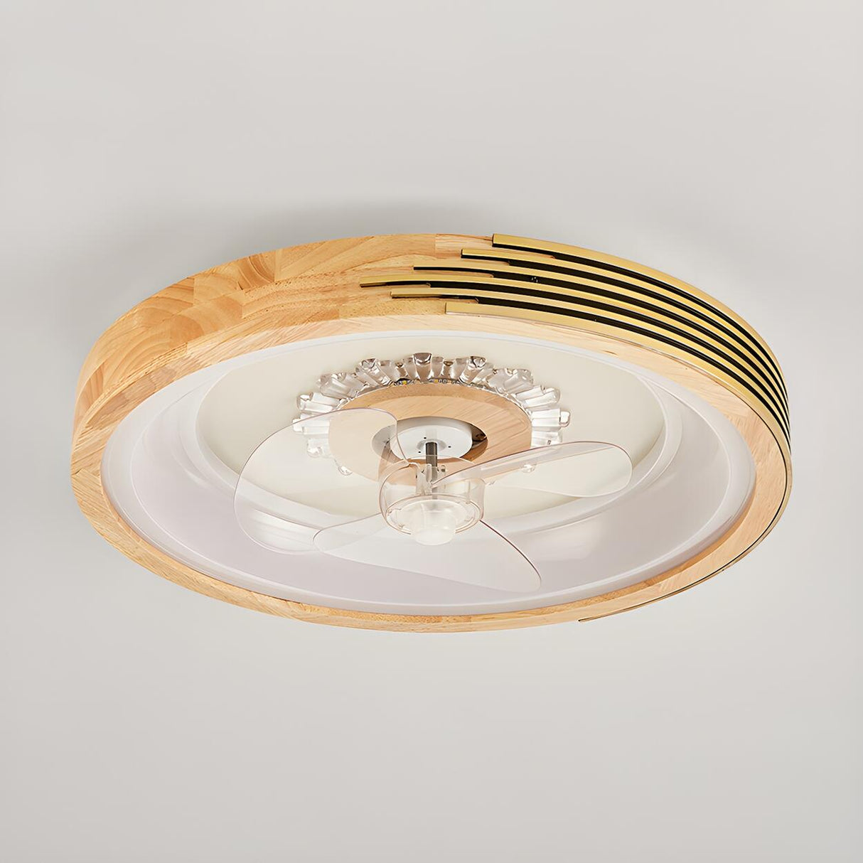 Modern Wood Flush Mount Round Ceiling Fan with Light Image - 9