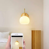 Modern Wood Frosted Glass Globe Bedside Wall Sconce Image - 12