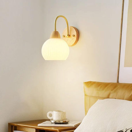 Modern Wood Frosted Glass Globe Bedside Wall Sconce Image - 2