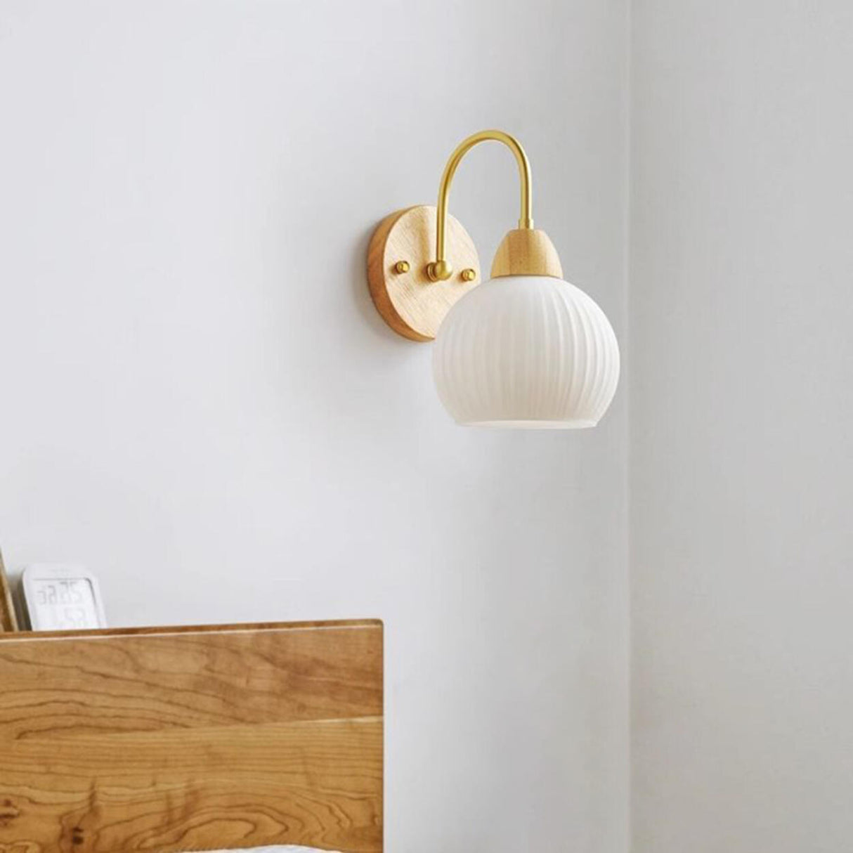 Modern Wood Frosted Glass Globe Bedside Wall Sconce Image - 3