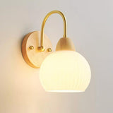 Modern Wood Frosted Glass Globe Bedside Wall Sconce Image - 6