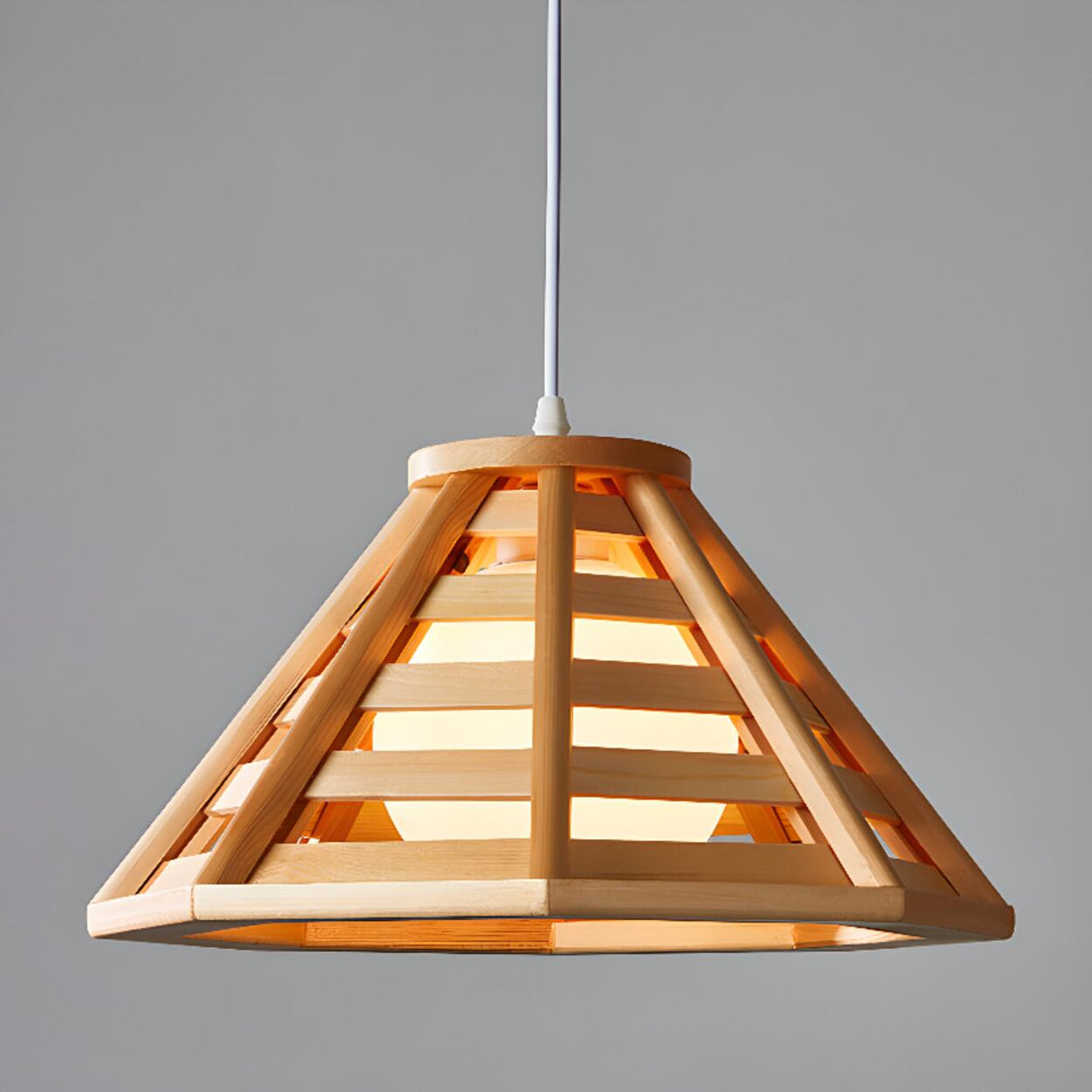 Modern Wood Metal Cone Pendant Light Adjustable Height Image - 9