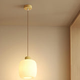 Modern Wood Oval Cylinder Glass Dining Room Pendant Light Image - 2