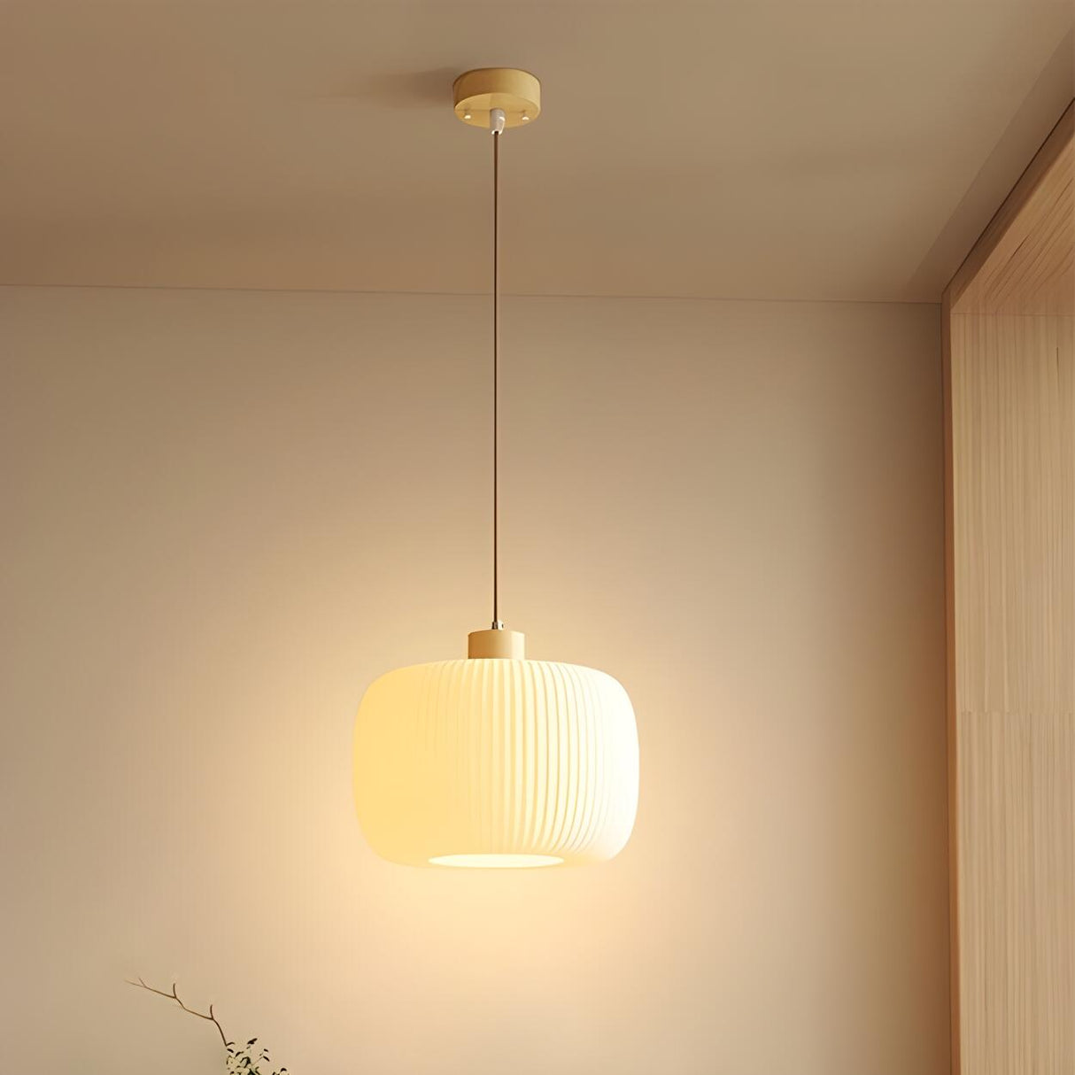 Modern Wood Oval Cylinder Glass Dining Room Pendant Light Image - 3