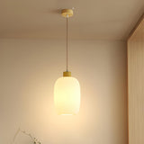 Modern Wood Oval Cylinder Glass Dining Room Pendant Light Image - 5