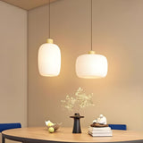 Modern Wood Oval Cylinder Glass Dining Room Pendant Light Image - 6