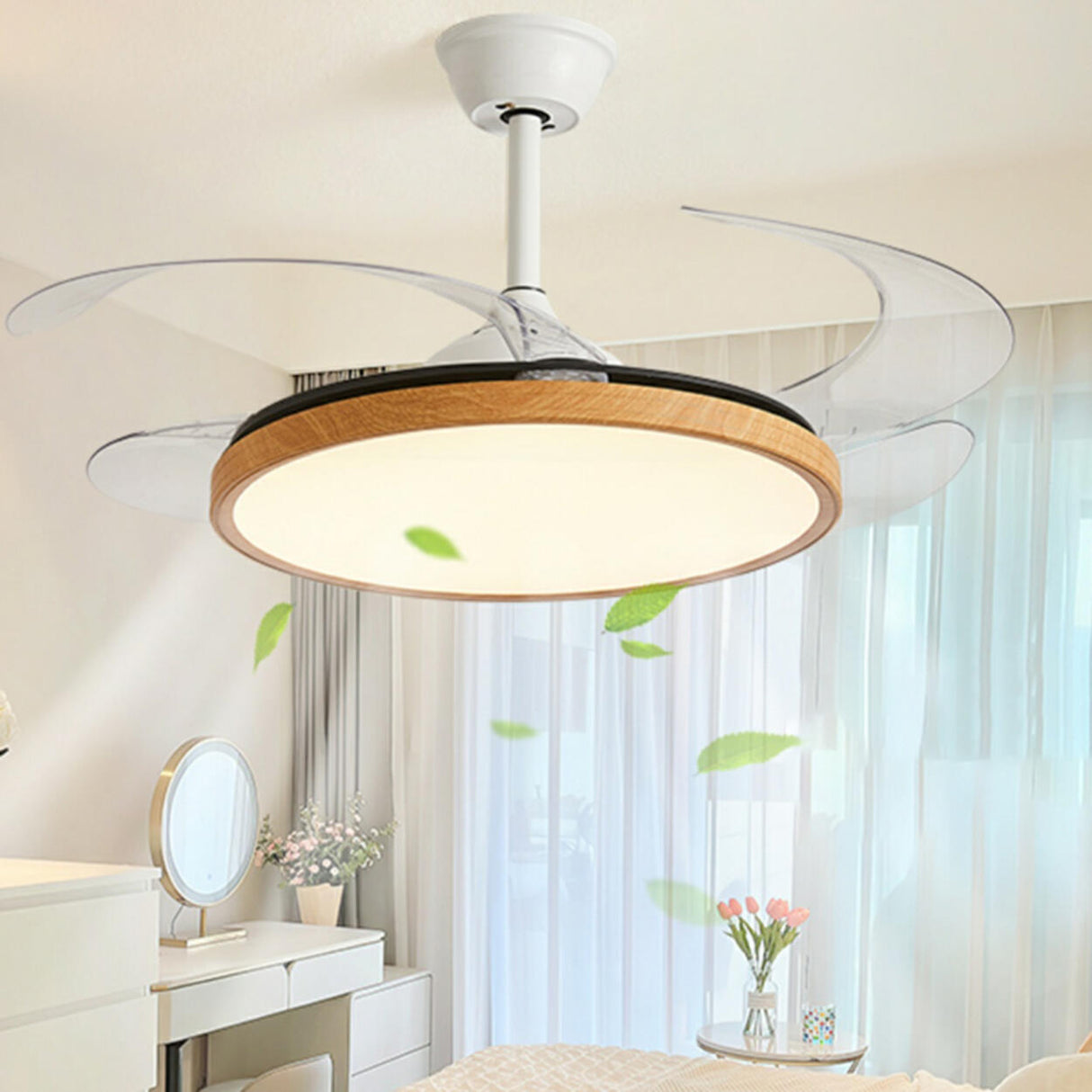 Modern Wood Retractable Blade Round Ceiling Fan Light Image - 1