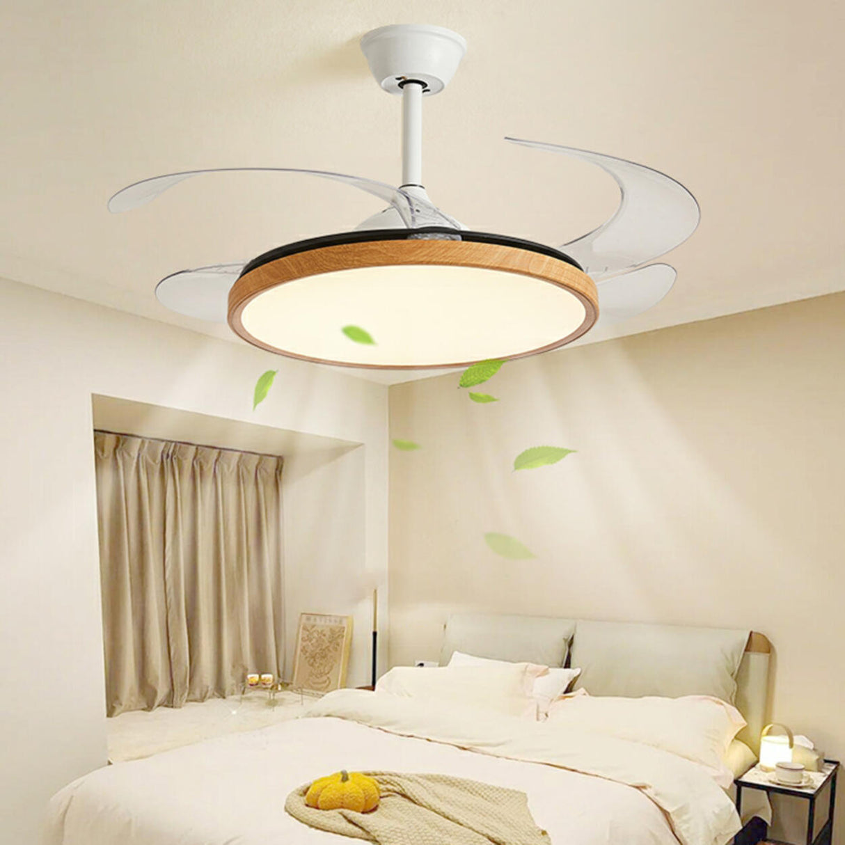 Modern Wood Retractable Blade Round Ceiling Fan Light Image - 4