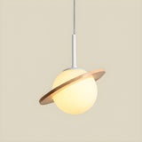 Modern Wood Ring Saturn Global Bedroom Pendant Light Image - 4