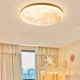 Modern Wood Round Moon-Themed LED Flush Mount Light Image - 17