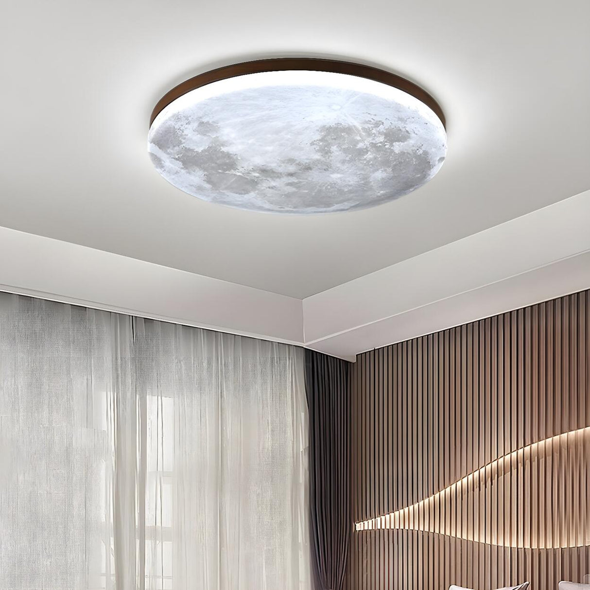 Modern Wood Round Moon-Themed LED Flush Mount Light Image - 2