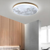 Modern Wood Round Moon-Themed LED Flush Mount Light Image - 3