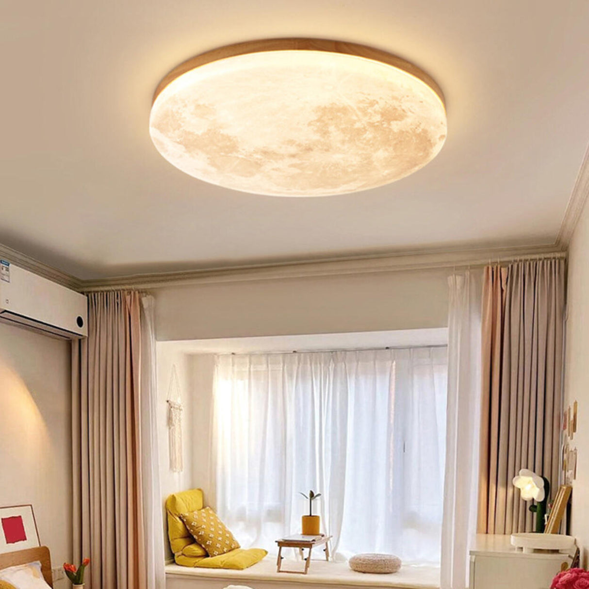 Modern Wood Round Moon-Themed LED Flush Mount Light Image - 6