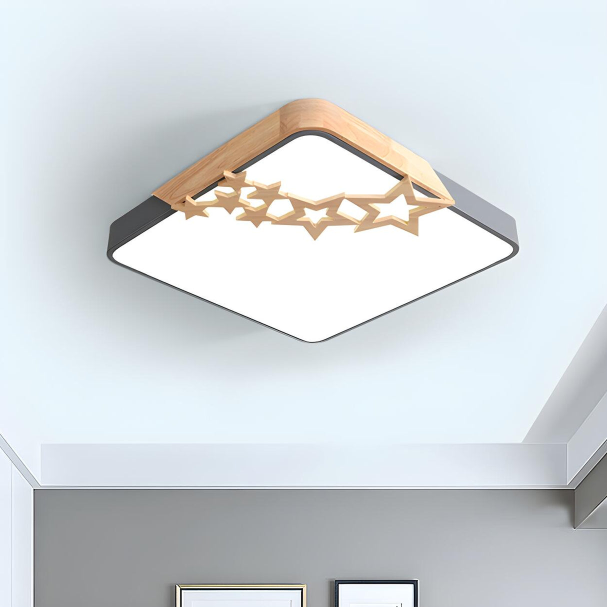 Modern Wood Star White Square LED Flush Mount Light Image - 6