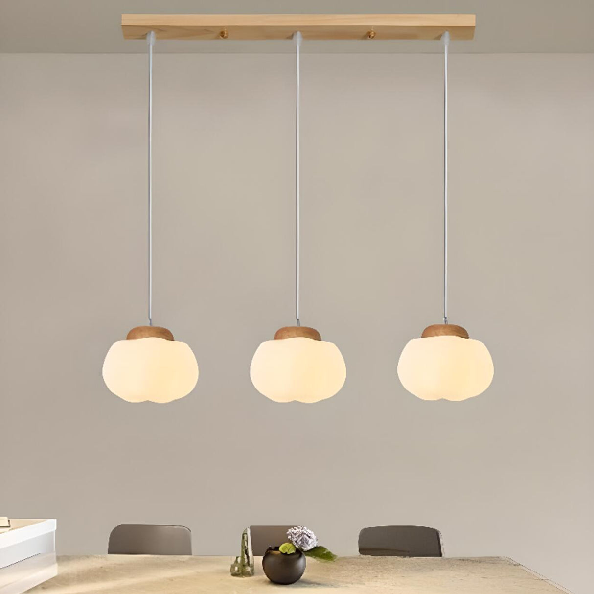 Modern Wood White Glass Drum Round Pendant Light Image - 1