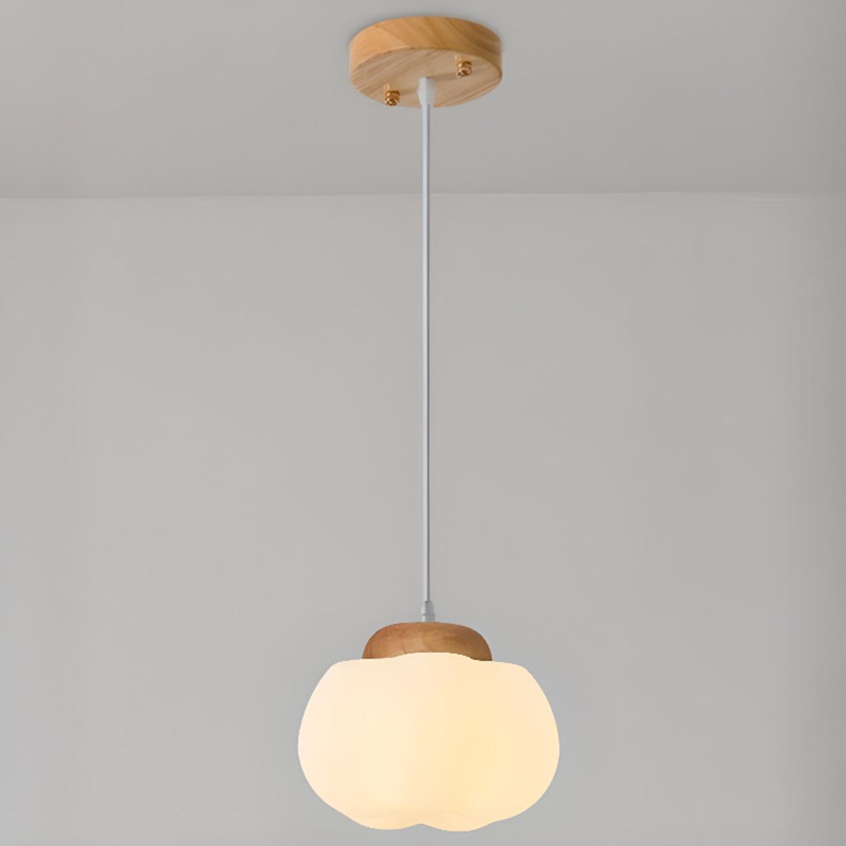 Modern Wood White Glass Drum Round Pendant Light Image - 2