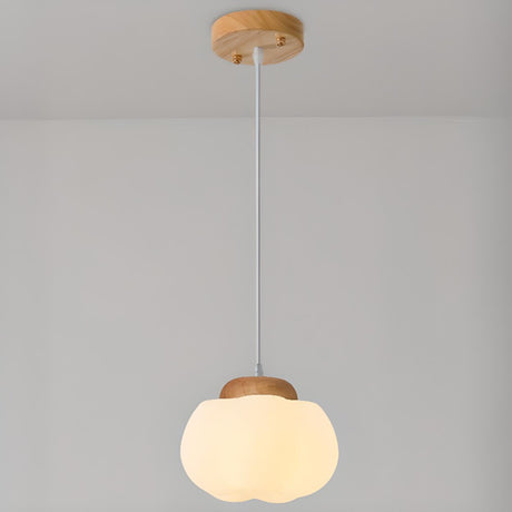 Modern Wood White Glass Drum Round Pendant Light Image - 2