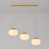 Modern Wood White Glass Drum Round Pendant Light Image - 3