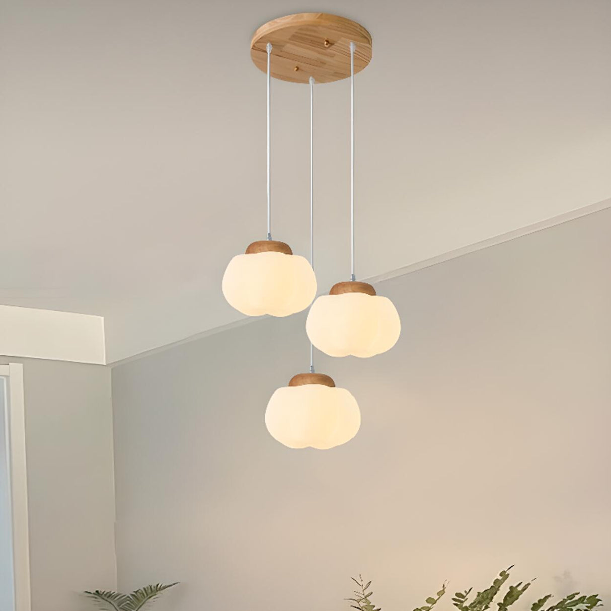 Modern Wood White Glass Drum Round Pendant Light Image - 4