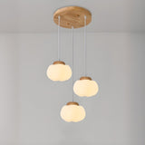 Modern Wood White Glass Drum Round Pendant Light Image - 5