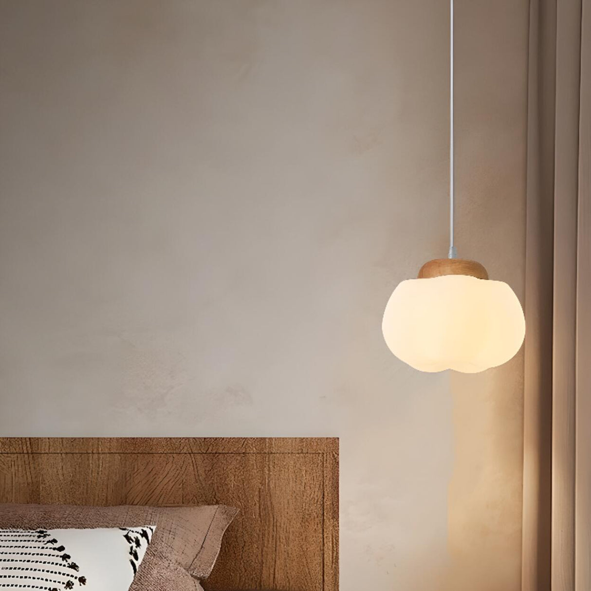 Modern Wood White Glass Drum Round Pendant Light Image - 6