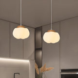 Modern Wood White Glass Drum Round Pendant Light Image - 7