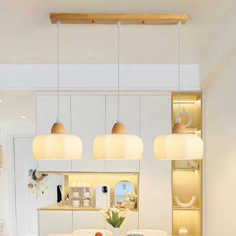 Modern Wood White Glass Elegant Geometric Pendant Light Image - 1