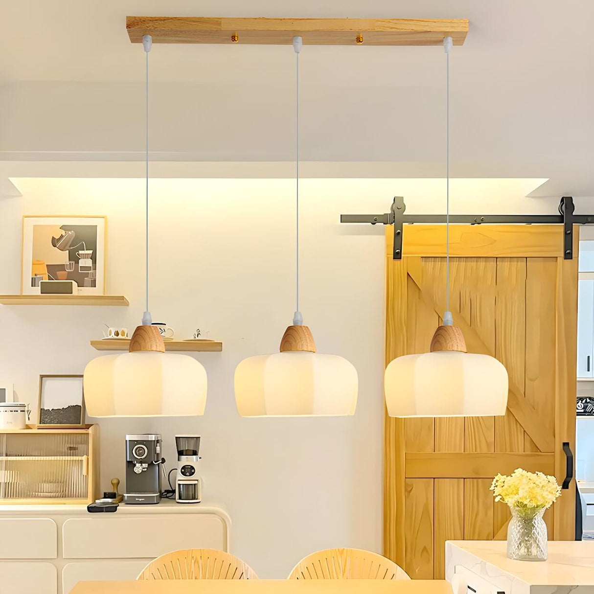 Modern Wood White Glass Elegant Geometric Pendant Light Image - 4