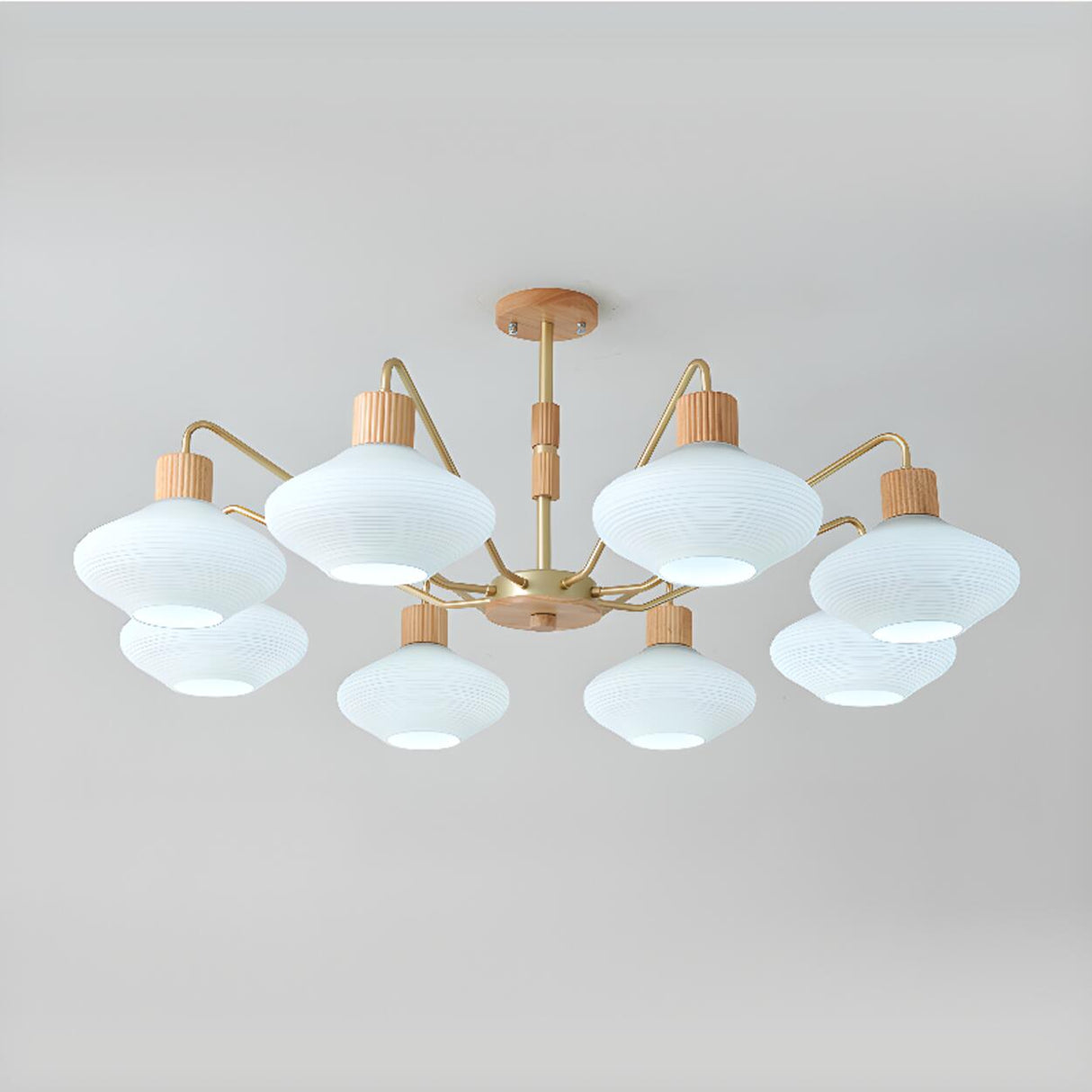 Modern Wood White Glass Geometric Drum Chandelier Image - 5