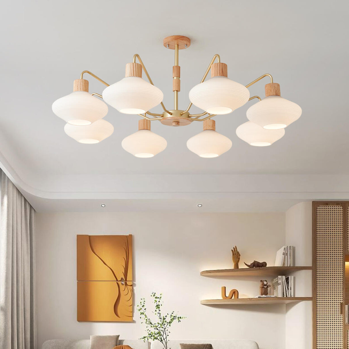 Modern Wood White Glass Geometric Drum Chandelier Image - 7