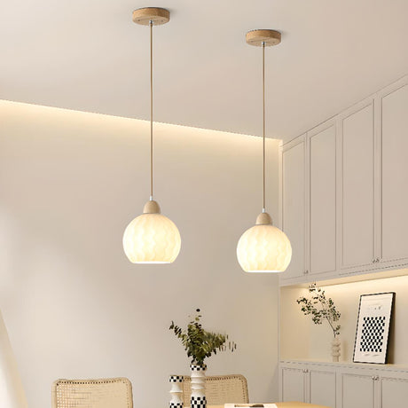 Modern Wood White Glass Round LED Pendant Light Image - 1