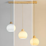 Modern Wood White Glass Round LED Pendant Light Image - 11