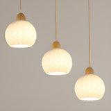 Modern Wood White Glass Round LED Pendant Light Image - 12