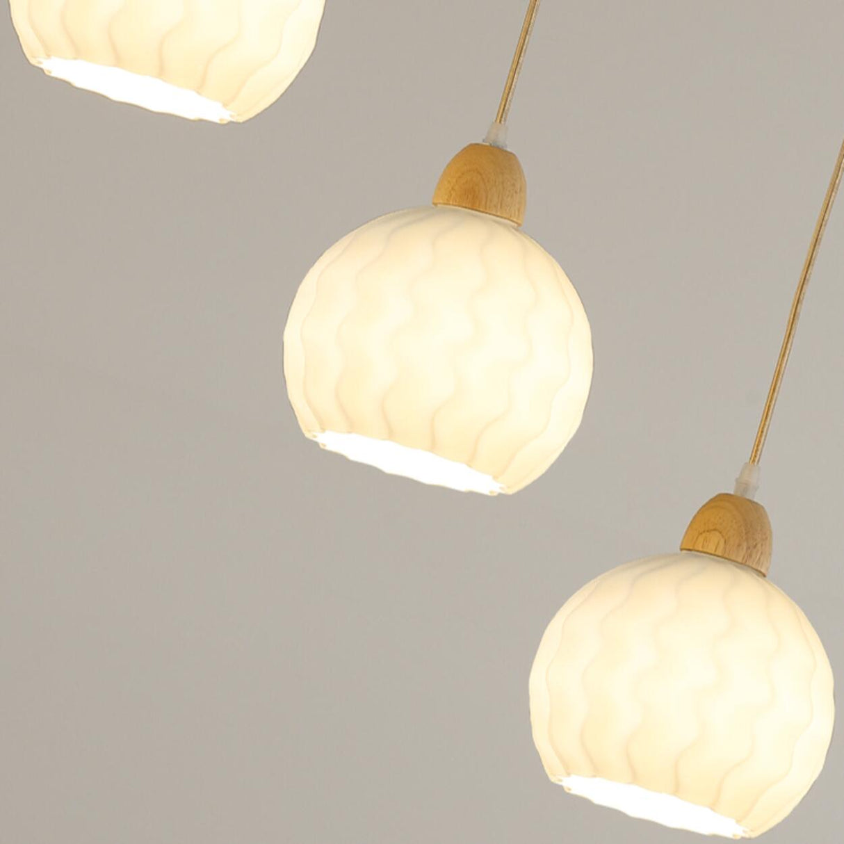 Modern Wood White Glass Round LED Pendant Light Image - 14