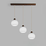 Modern Wood White Glass Round LED Pendant Light Image - 3