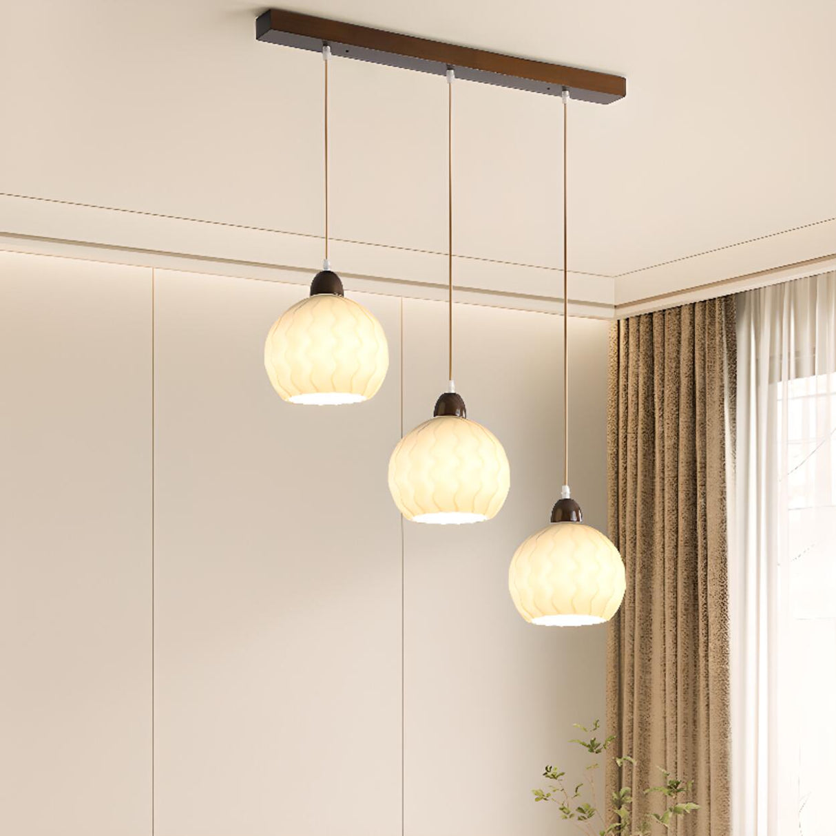 Modern Wood White Glass Round LED Pendant Light Image - 4