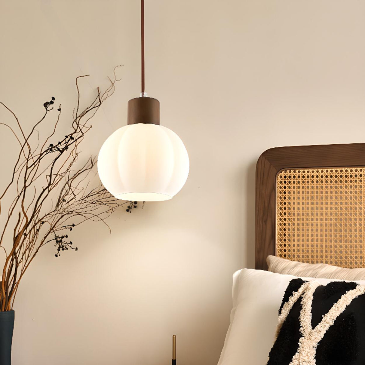 Modern Wood White Glass Round LED Pendant Light Image - 6