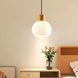 Modern Wood White Glass Round LED Pendant Light Image - 8