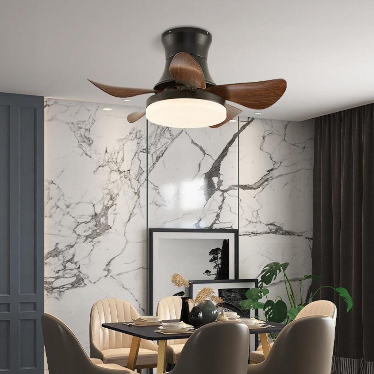 Modern Wooden 5 Blade Flush Mount LED Ceiling Fan Light Image - 1