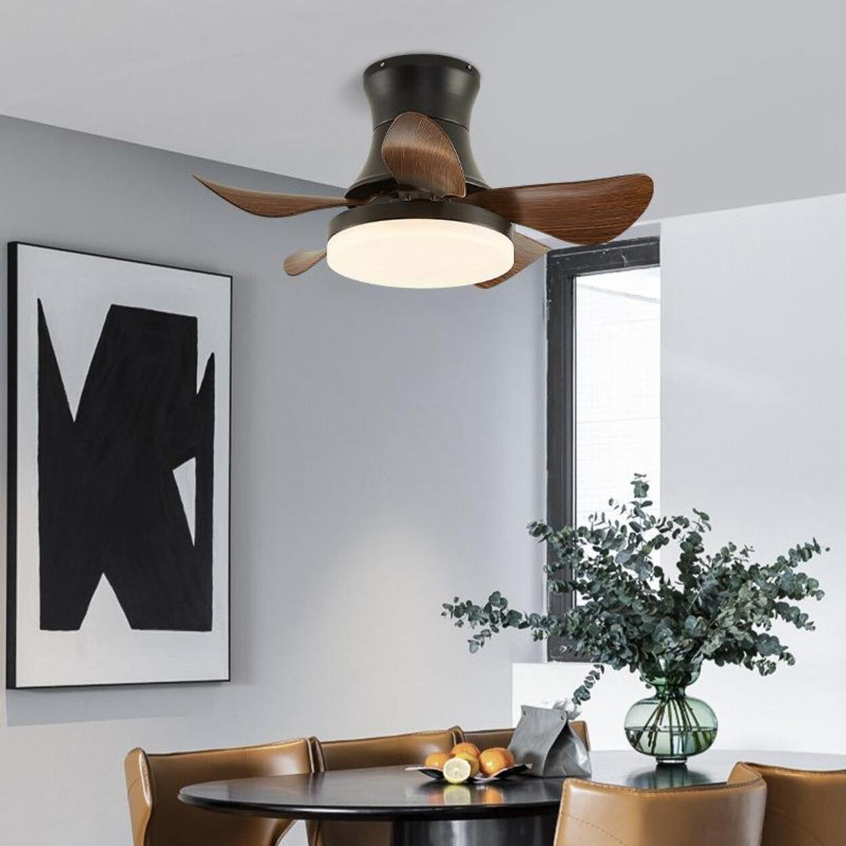 Modern Wooden 5 Blade Flush Mount LED Ceiling Fan Light Image - 5